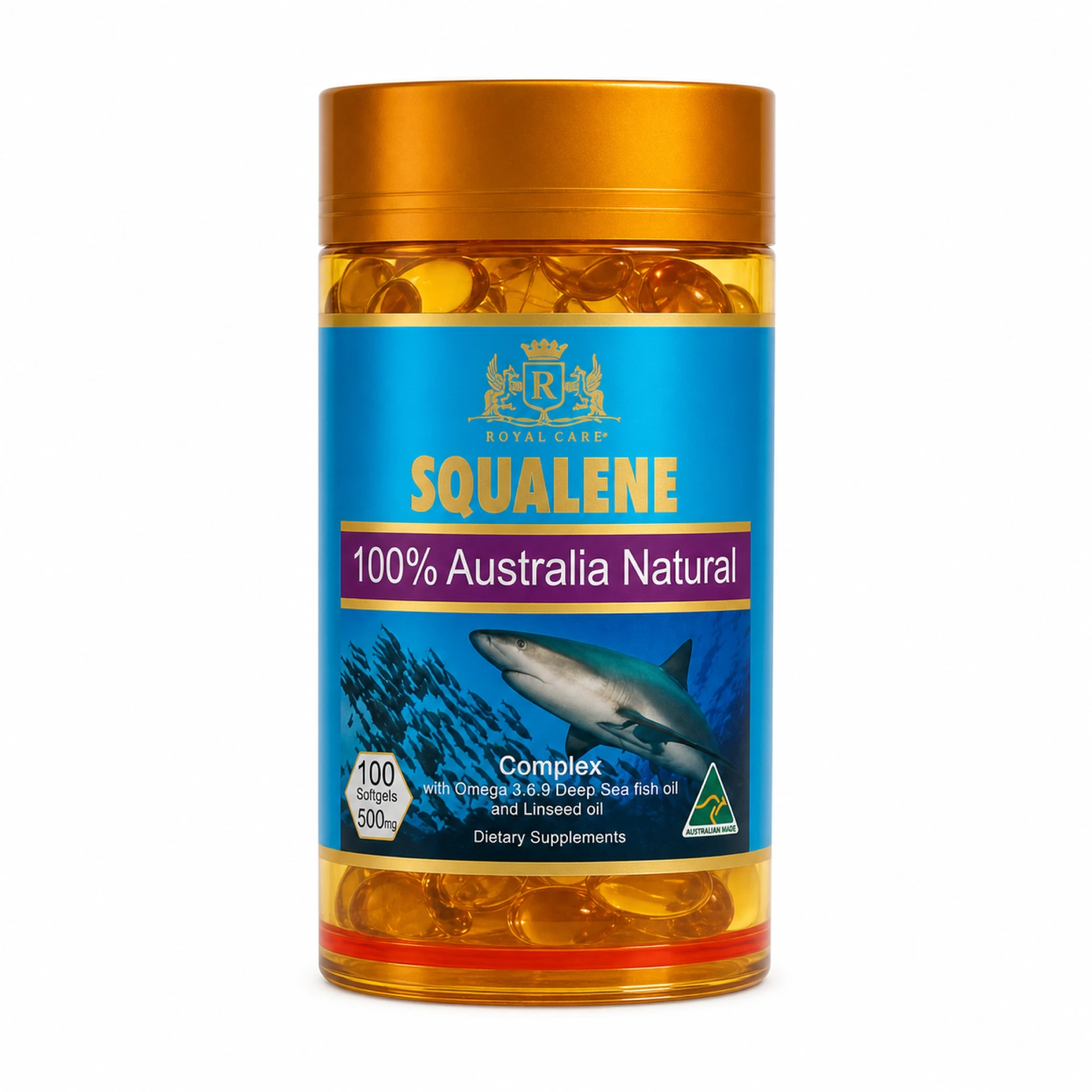 Royal Care Squalene 500mg 100 Softgels packaging version 1, front view